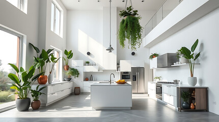 Luxury modern home interior with contemporary living room, featuring furniture and a plant