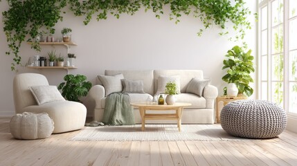 Fototapeta premium bright living room with sofa armchair pouf and green plants no logos no brands ar 169