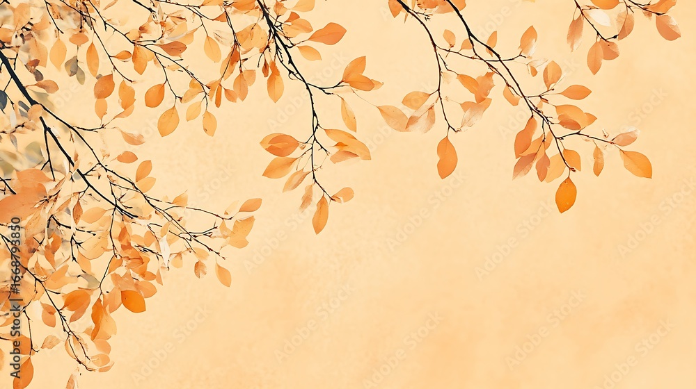Poster light orange background with sparse autumn leaves and large copy space