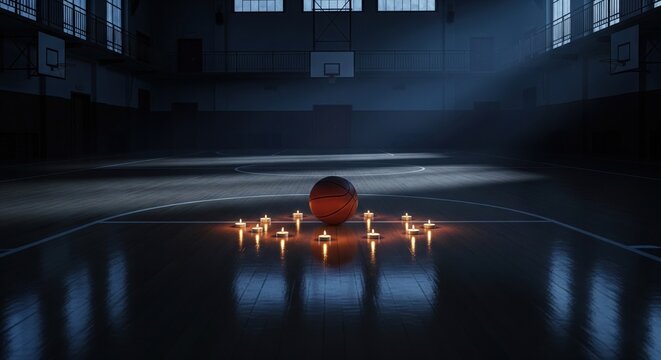 A basketball sits at center court, surrounded by a ring of flickering candles. The hushed gym and solemn light create a powerful memorial, paying tribute to a player's lasting legacy on the court.