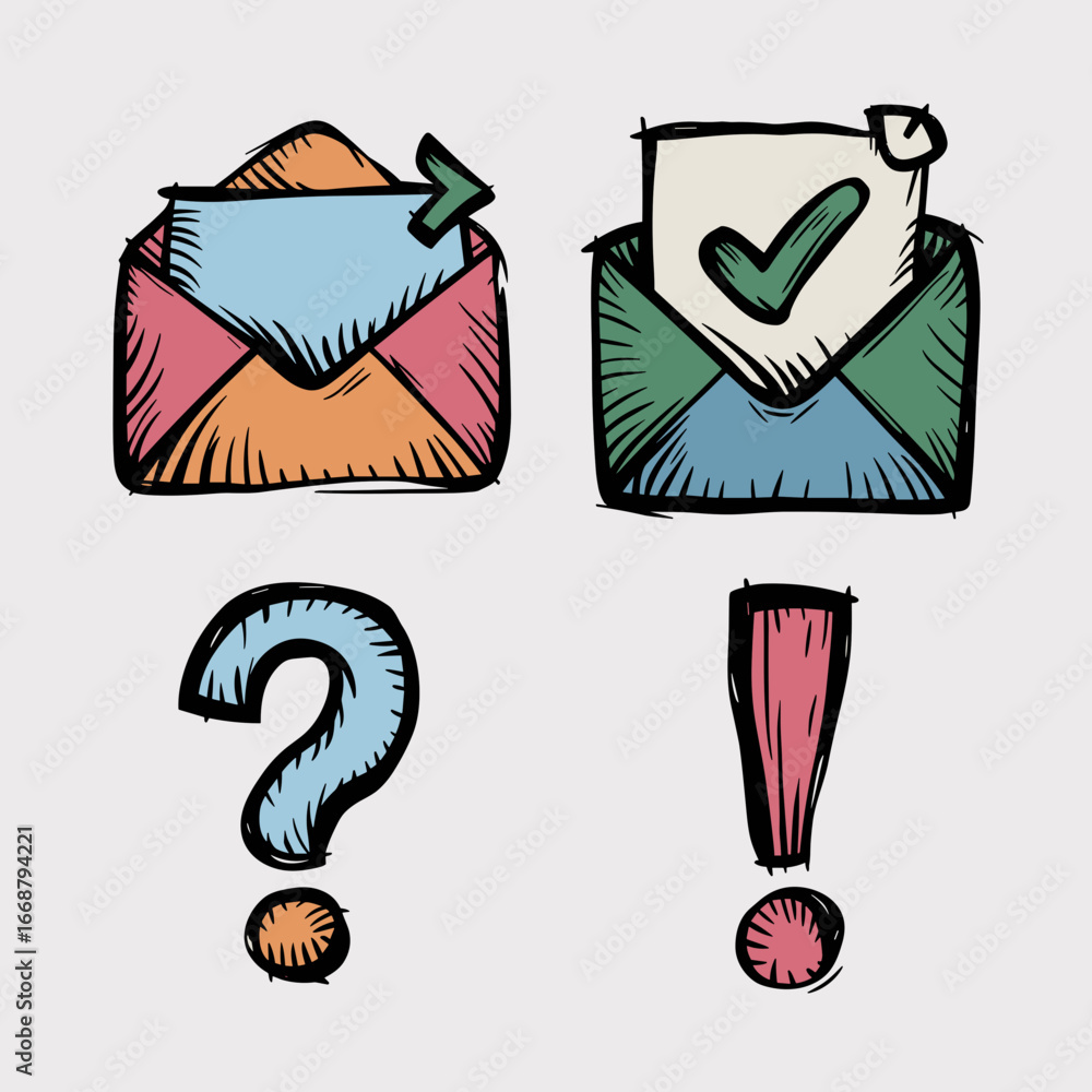 Aufkleber vector hand drawn email icons with envelope checkmark question mark and exclamation mark