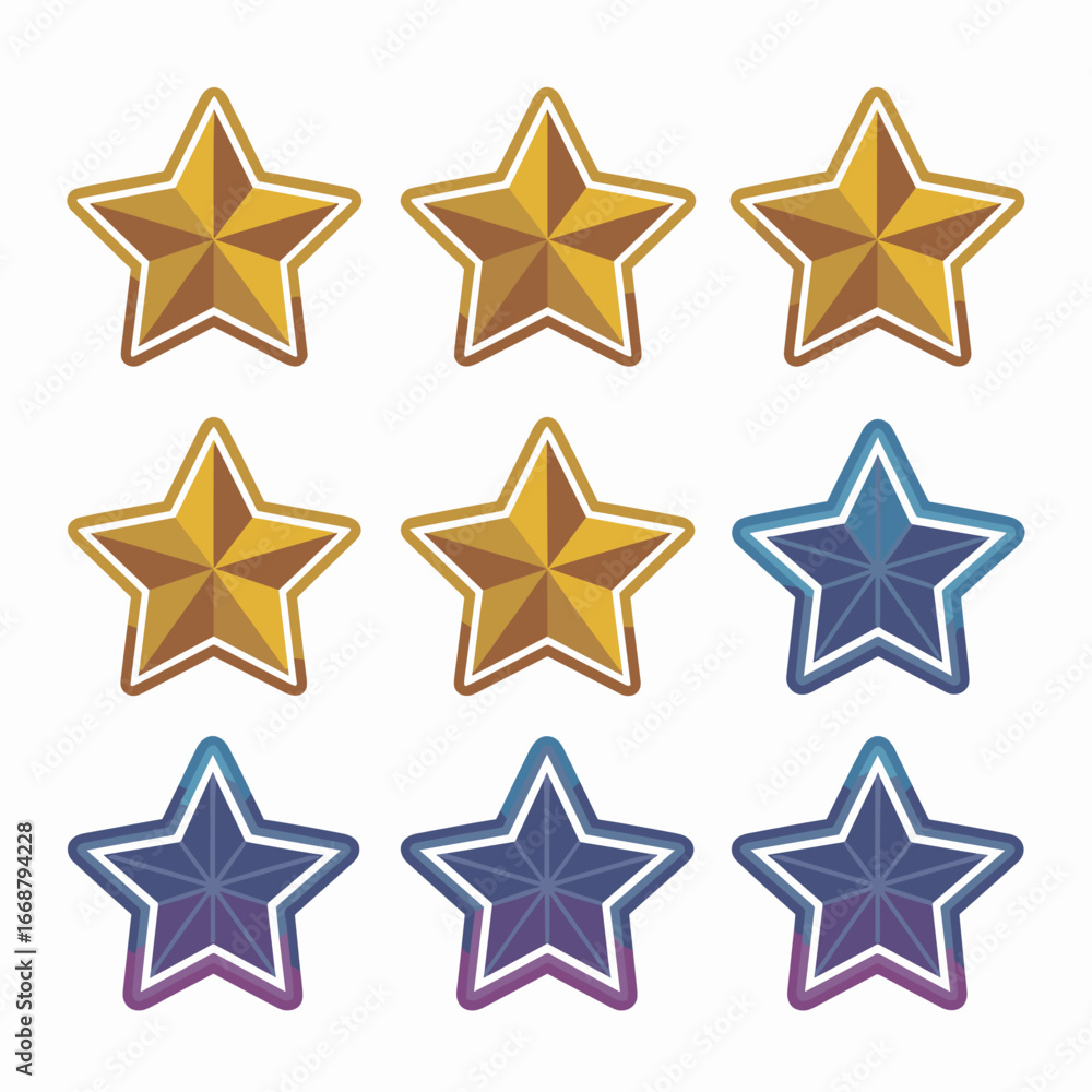 Poster flat vector icon set of gold white and gradient stars in a row on white background