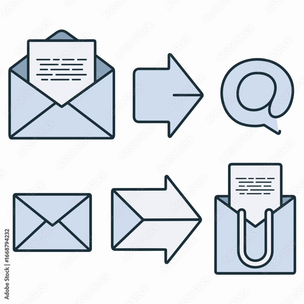 Aufkleber flat vector mail icons with envelope reply forward and paperclip symbols in soft blue