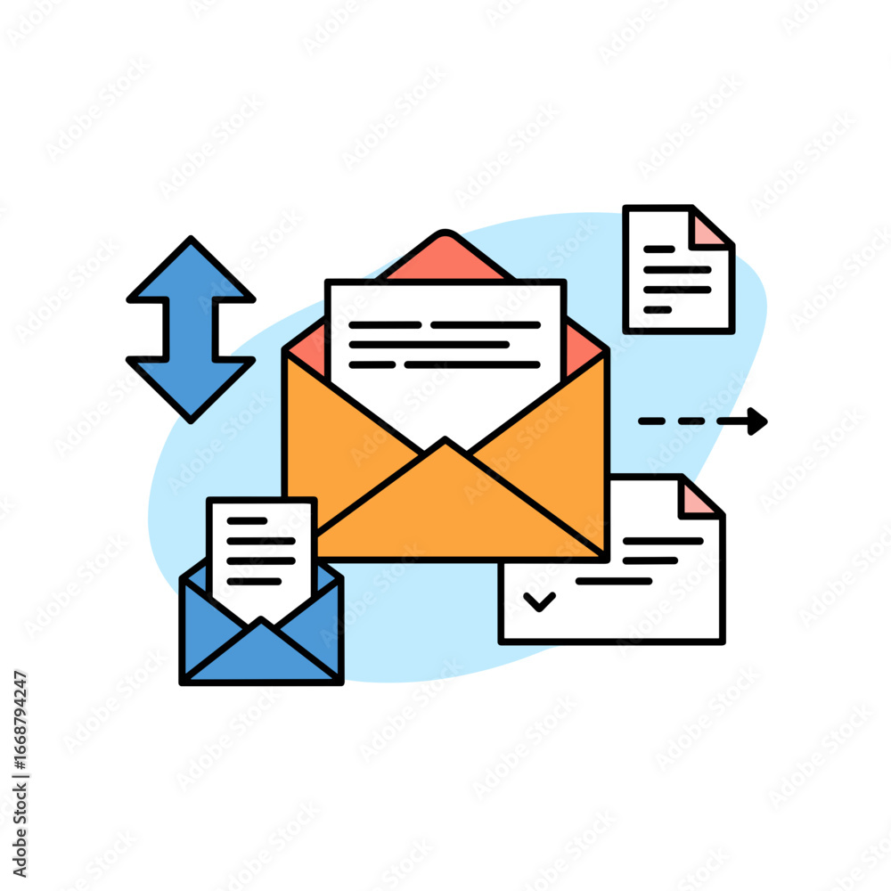 Poster flat vector mail icons with envelopes arrows and papers in blue design style