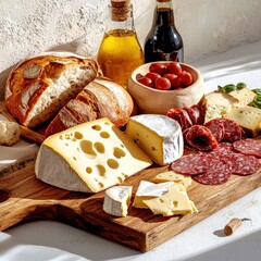 Assorted cheese and charcuterie presentation with sliced bread cherry tomatoes and beverages on a wooden board in rustic kitchen setting