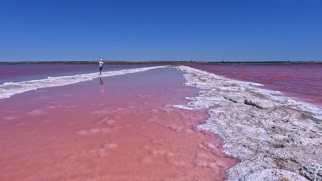 A person walks on the dry bottom of the estuary, covered with self-precipitating white table salt