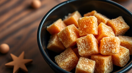 Rustic brown sugar cubes in black bowl, evoking sweet harvest, Diwali treats, indulgence in hygge ambiance