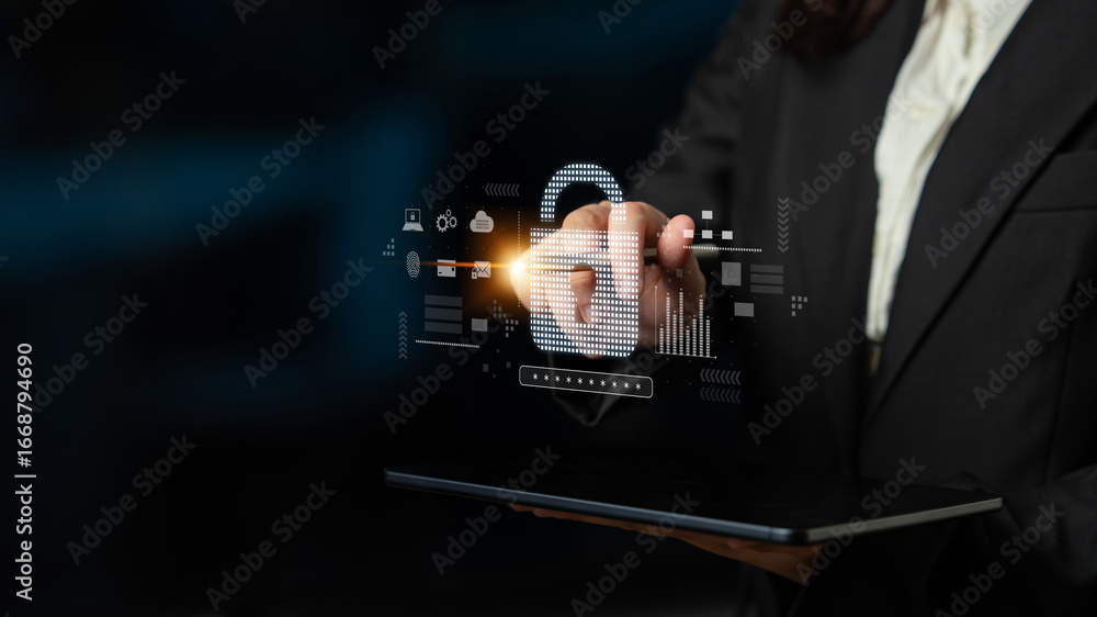 Aufkleber cybersecurity protection system showing password encryption, fingerprint id, cloud security, email, 