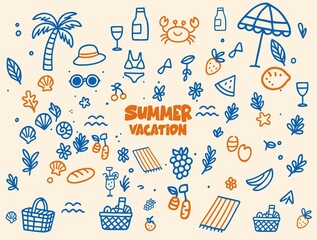summer vintage icon set. Palm tree, sun and sea, seashells, coral, in doodle sketch style. Beach and sea travel elements.