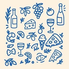 Food set Mediterranean lunch and dinner doodle icons. Pasta, olive, pizza, cheese, tomato, lemon, wine. Hand drawn summer illustration set.