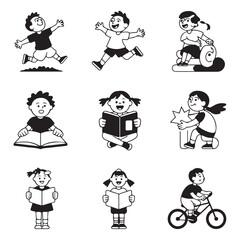 Diverse children engaged in various activities like reading and playing kids jumping