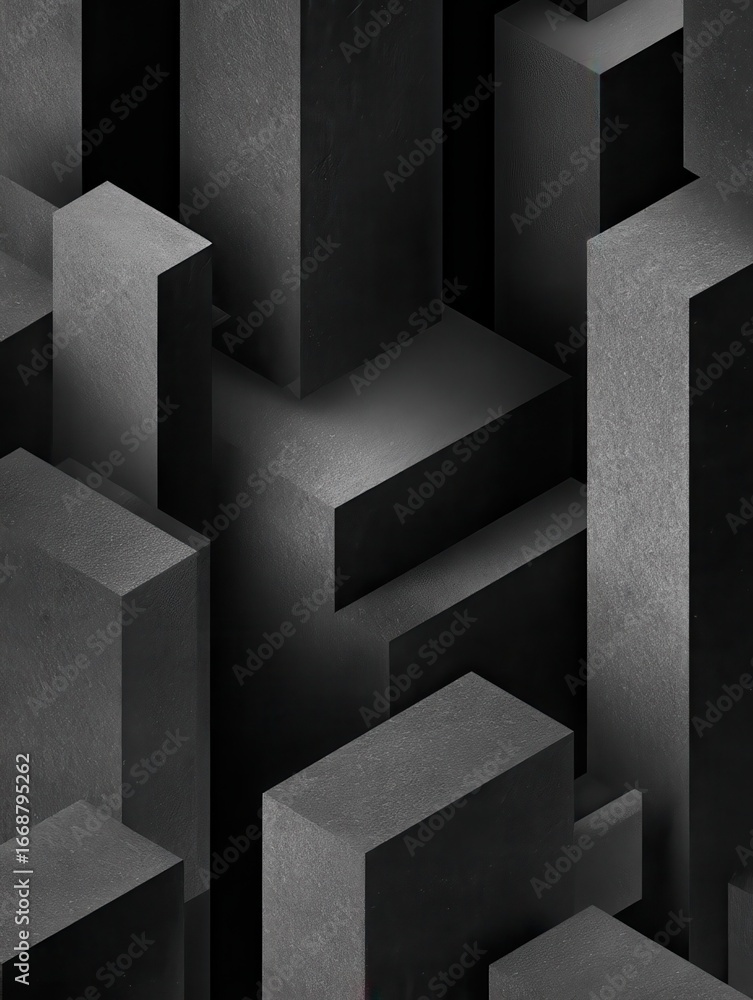 Poster abstract dark geometric shapes with sharp edges and varying heights creating a minimalist layered ar