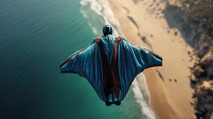 A Thrilling Aerial View of a Person in a Blue and Brown Wingsuit Soaring High Above a Beautiful Turquoise Ocean and Sandy Beach Coastline