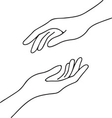 Vector art of minimalist line art illustration of two hands reaching out, , conveying connection, help, and support in human relationships