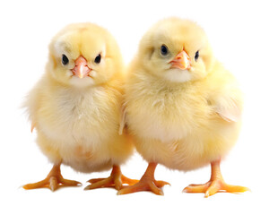 Fototapeta premium Two baby chicks standing next to each othe isolated on white background ,PNG.AI Generated.