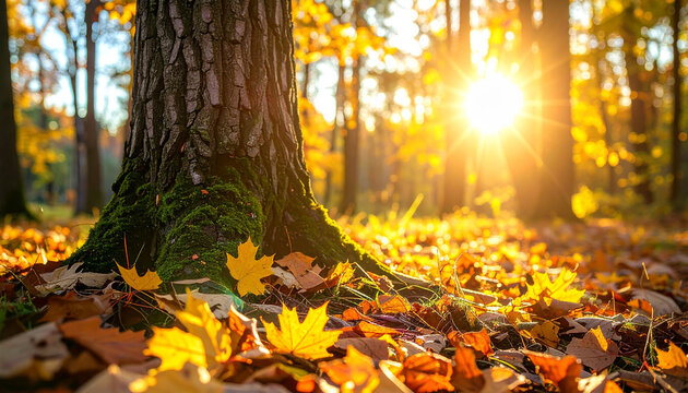 Old tree trunk surrounded by fallen autumn leaves in forest. Golden sunlight. Journey, adventure