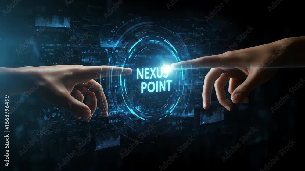 Poster futuristic nexus point interface - two hands reach towards a central holographic display showing 