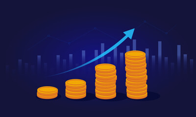 Stack of golden coins with upward arrow and economic chart background. Symbol of wealth, success, and financial growth in business