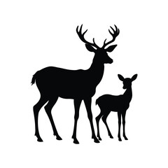 Silhouette of a Deer and Fawn Standing Together in Perfect Harmony, deer with young fawn in spring illustration silhouette