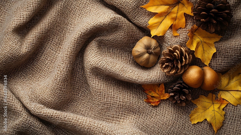Poster soft brown fabric texture background with autumn items and copy space