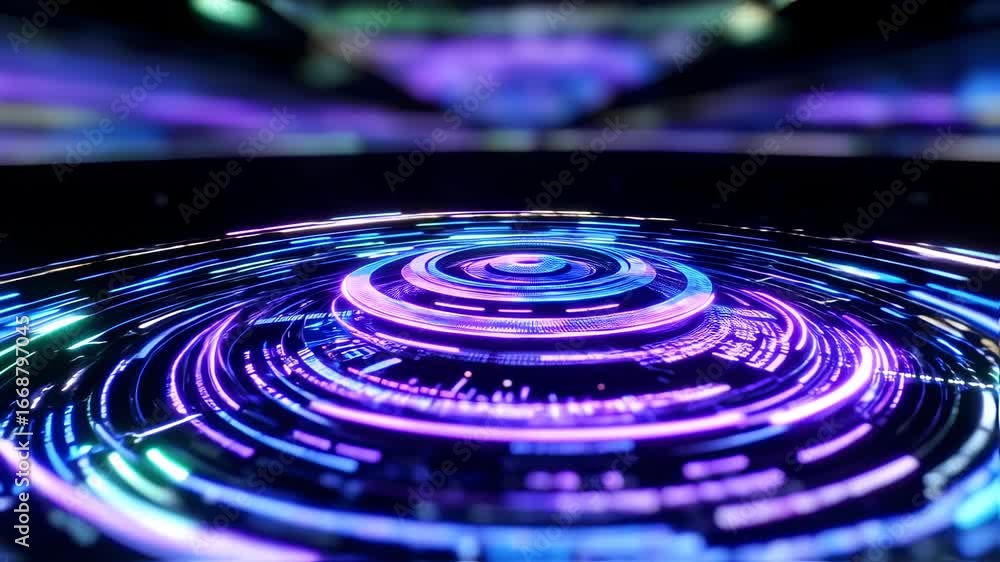 Poster futuristic technology background with glowing blue and purple lights creating a dynamic visual
