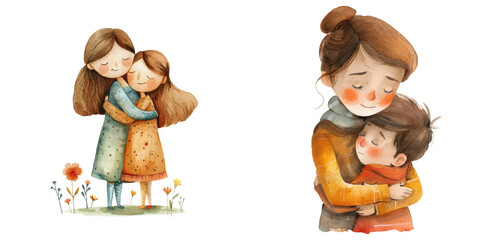 child hugging mom watercolor vector illustration