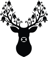 Christmas reindeer vector art of festive deer head with christmas bells on antlers silhouette for decoration use vector