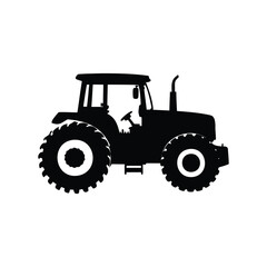 Silhouette of a heavyduty agricultural tractor with large wheels and exhaust pipe, farm tractor with plow illustration silhouette