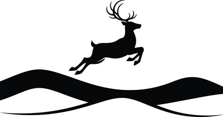 Christmas reindeer vector art of silhouette of a deer jumping over hills, , perfect for christmas and winter holiday designs vector
