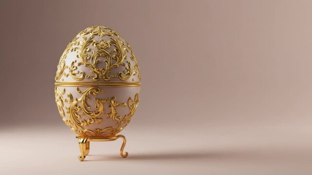 Elegant Golden Egg Decoration - A white egg with intricate gold detailing stands on a gold stand against a pale pink background.