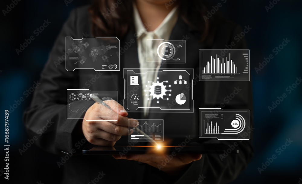 Poster big data visualization dashboard showing analytics, insights, and performance. data supports decisio