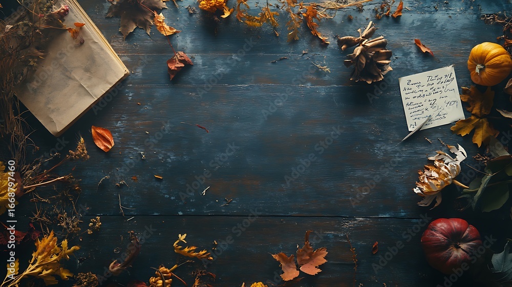 Poster tabletop with scattered autumn elements and top space for writing