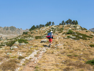 Fototapeta premium Backpacker Hiking Mountain Trail in Pyrenees National Park