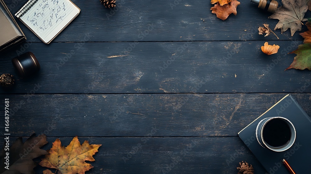 Poster tabletop with scattered autumn elements and top space for writing