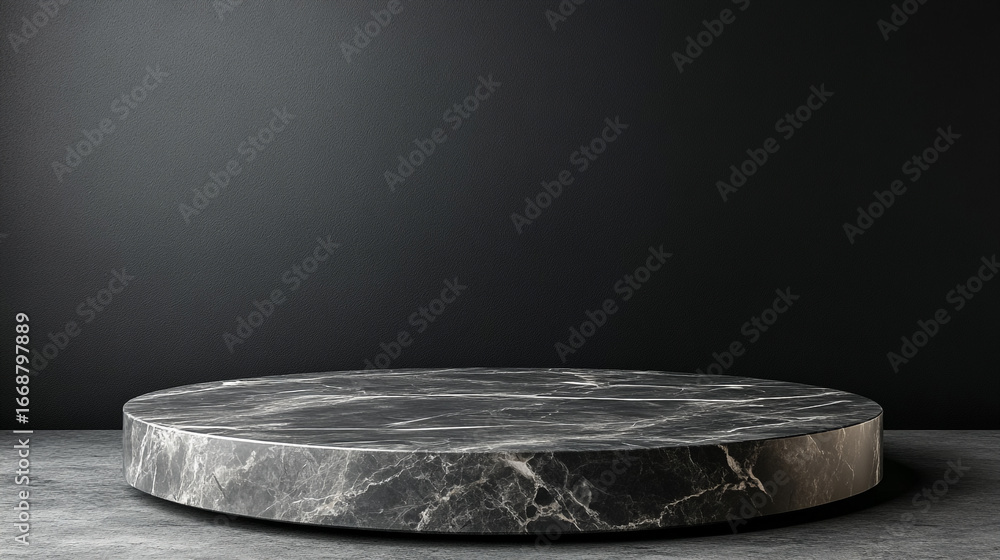 Poster dark marble display platform against a black background simple elegant design