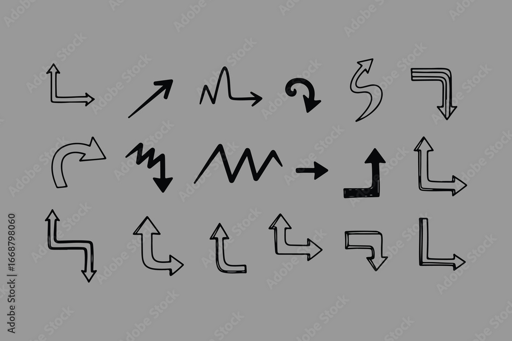 Poster collection of hand drawn arrows in various styles and directions on a gray background perfect for de