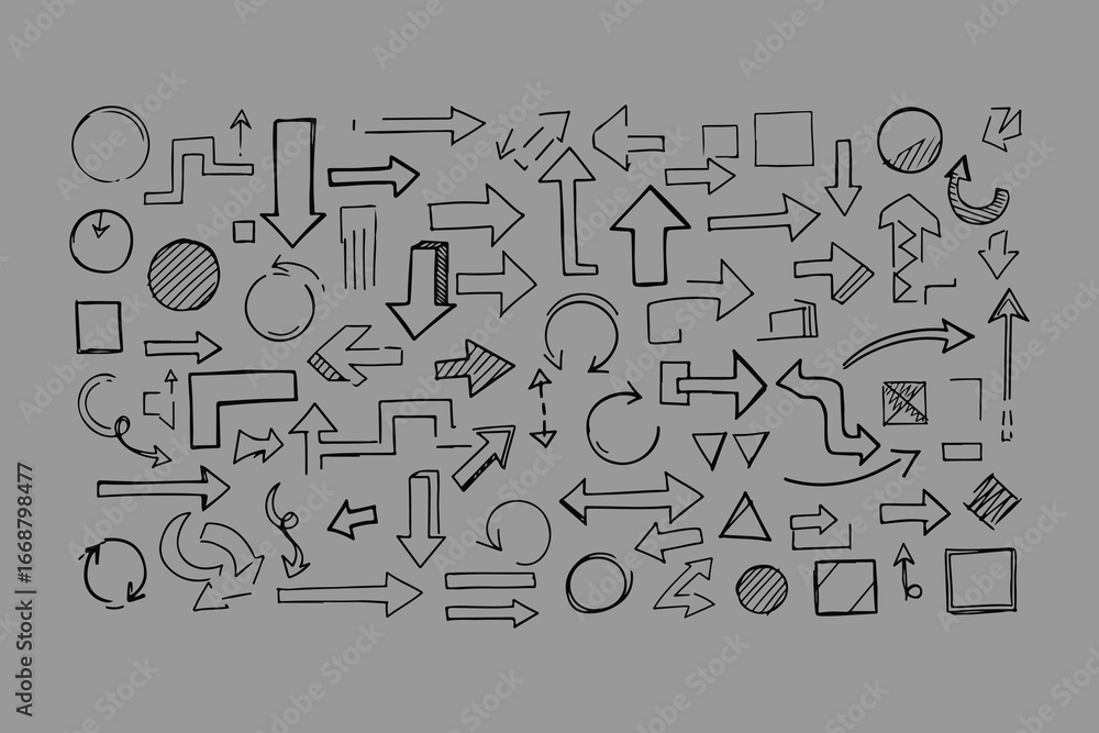 Poster a diverse collection of hand drawn arrows and circular doodles in various styles and directions pres