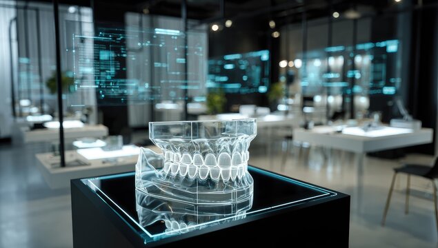 Transparent jaw model displayed on a dark cube in a modern, futuristic room with holographic dental schematics projected on glass walls