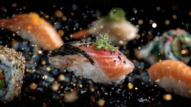 Stunning levitation shot of salmon and tuna sushi nigiri with vibrant maki rolls against a black backdrop.