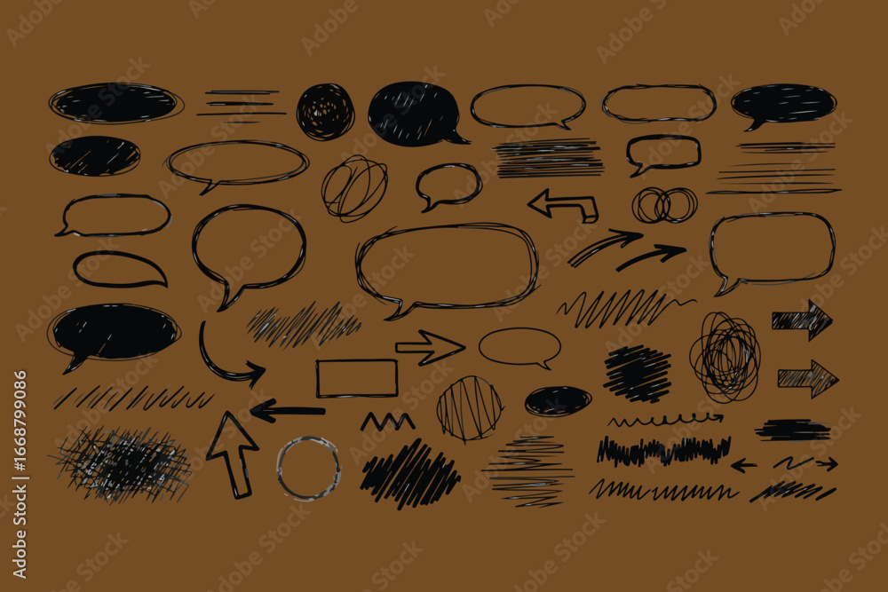 Poster collection of hand drawn speech bubbles and arrows on a textured brown background perfect for comics
