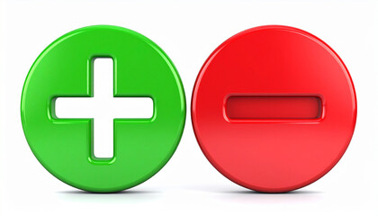 Obraz premium Bright green plus and red minus 3D icons. Minimalistic design. Isolated on white backdrop.