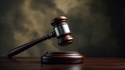 Legal gavel resting on a wooden block against a blurred background, symbolizing justice, law, and court proceedings with dramatic lighting