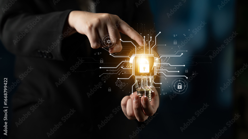 Poster cyber security system protecting digital infrastructure. cyber security ensures data safety, prevent