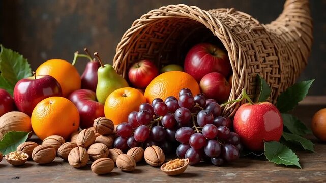 Cornucopia overflowing with fresh fruits and nuts on wooden surface, ideal for harvest, Thanksgiving and abundance themes