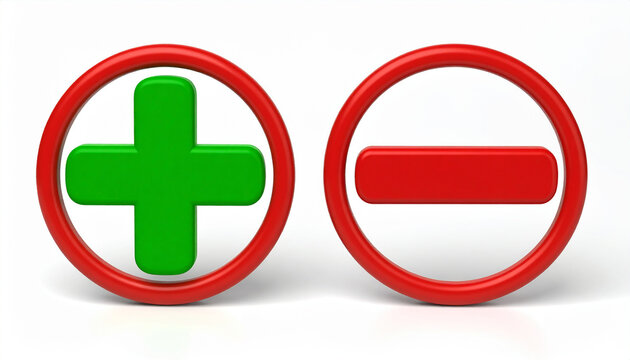 Bright green plus and red minus 3D icons. Minimalistic design. Isolated on white backdrop.