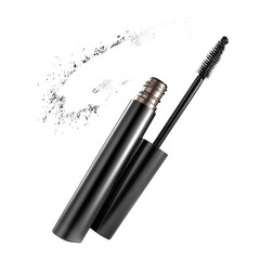 Black mascara tube and brush with smudge isolated on transparent background