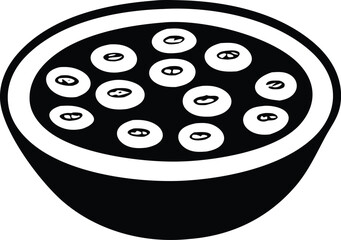 Simple icon of a bowl filled with small oval shaped objects likely representing beans or peas in a dark liquid