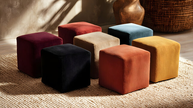 Cozy collection of colorful square ottomans grouped together for comfort and style