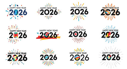 Set of happy new year 2026 logo with firework isolated on white background