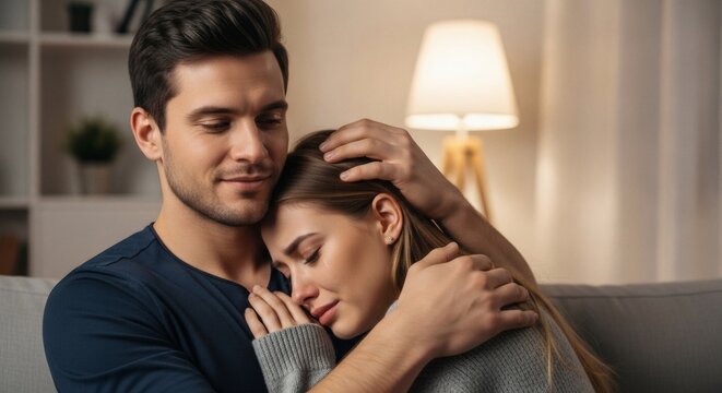 A tender embrace between a man and woman, with the man comforting the woman as she rests her head on his shoulder, conveying a moment of emotional support and connection.